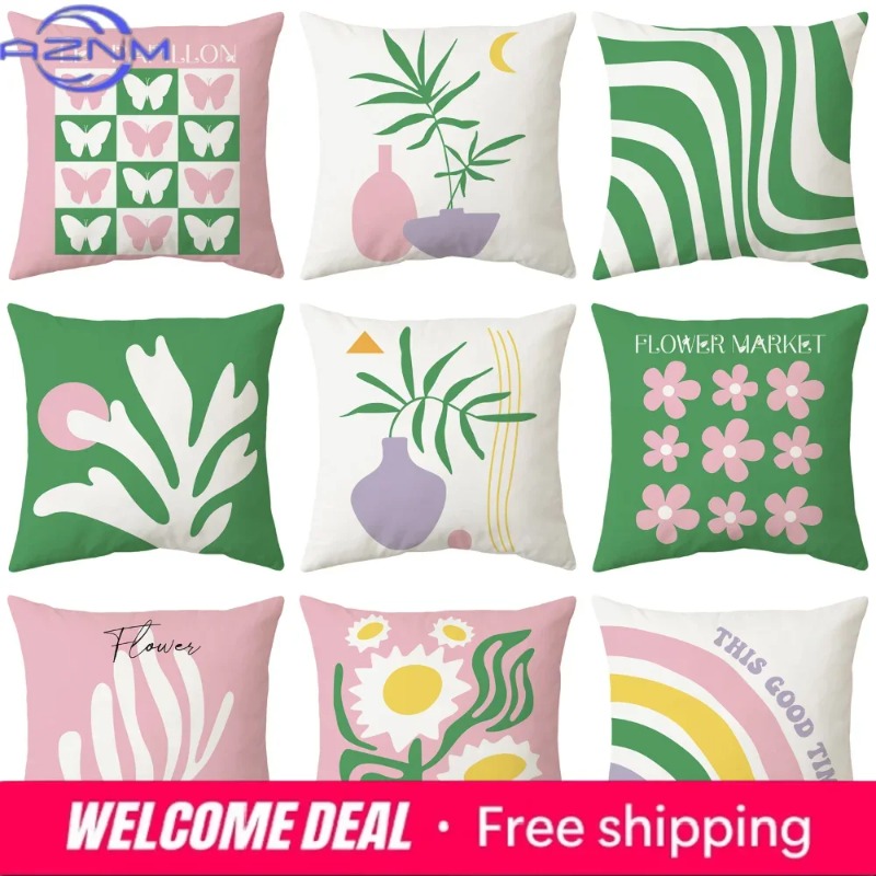 Home Textiles Images - ปลอกหมอนสีชมพูสีเขียว 45x45 ซม. ปลอกหมอนสี่เหลี่ยม ลายศิลปะ ซีรีส์ภาพวาด