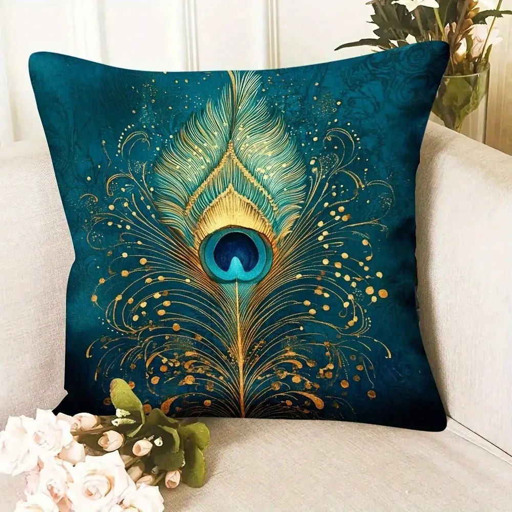 Pillow Insert 18X18 - ปลอกหมอนอิงลายขนนกยูงสีเขียวเทอร์ควอยซ์ ขนาด 18x18 นิ้ว 1 ชิ้น