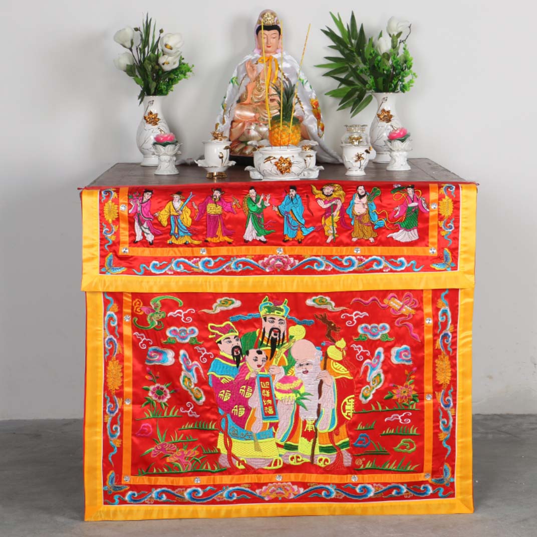 Home Textiles China - ผ้าม่านปิดโต๊ะบูชาลายปักมงคลแปดสวรรค์ บัวเซียน ฟู่ ลู่ ชู สำหรับบูชาในบ้าน