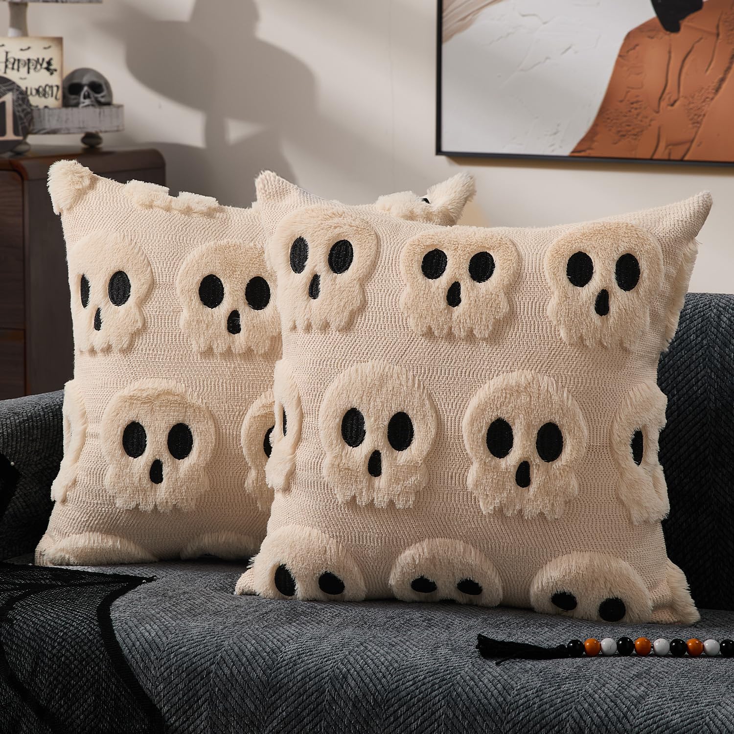 Pillow Insert 18X18 - ปลอกหมอนฮาโลวีน 18x18 นิ้ว สีเบจ ลายโครงกระดูก ของตกแต่งฮาโลวีน