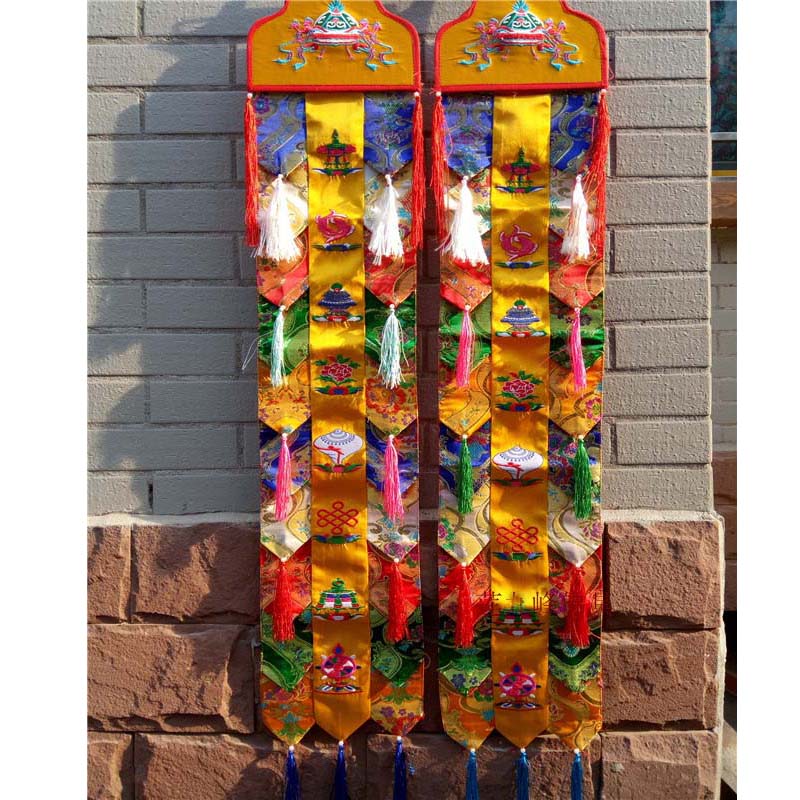 Home Textiles Wholesale - ธงแขวนผนังลายปักพระสูตร 8 สัญลักษณ์มงคล สำหรับบ้าน/วัด ขายส่ง 2