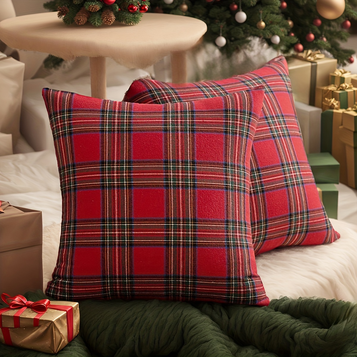Pillow Insert 18X18 - ปลอกหมอนลายสก็อตคริสต์มาส 2 ชิ้น สีแดงเขียว สำหรับตกแต่งโซฟา ห้องนอน